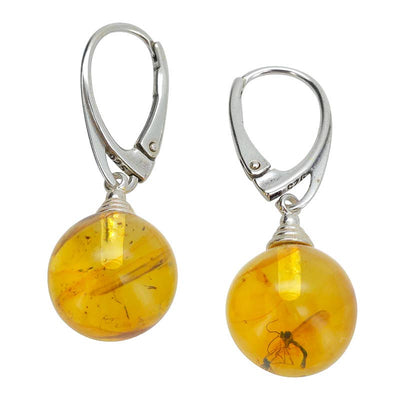Natural Amber Silver Earrings with Insects