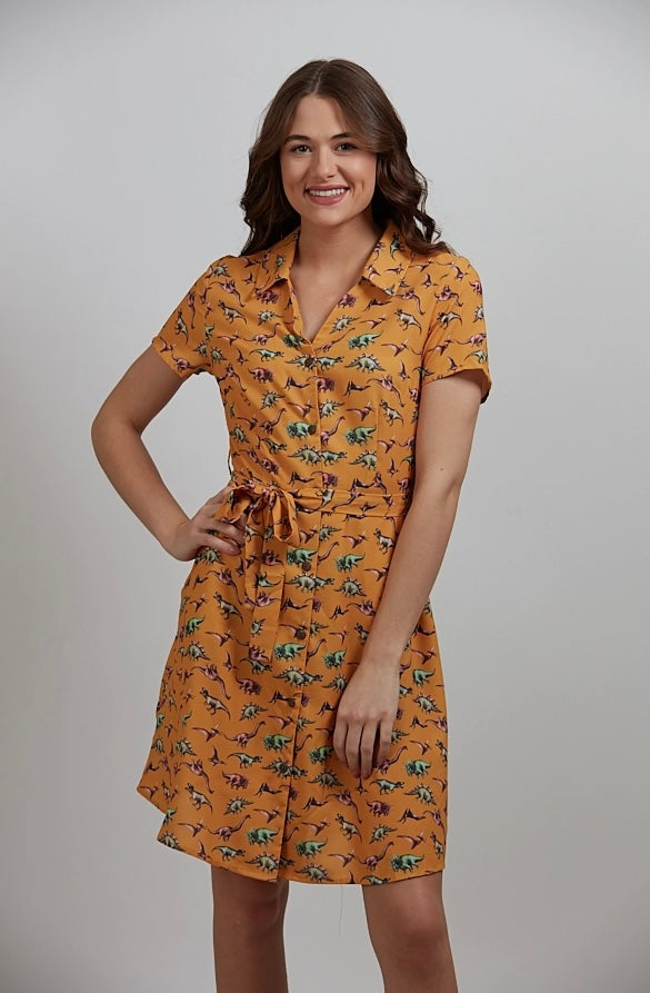 Dinosaur Print button yellow dress